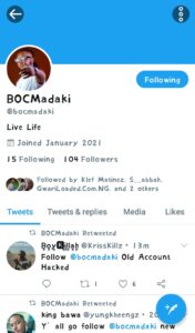Boc Madaki New Tweeter account