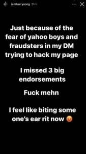 Harrysong noted that he missed three endorsements as these brands decided to work with other artists.  See his post below: