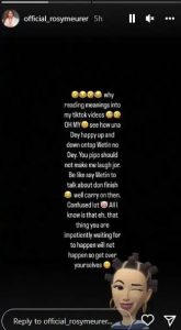 Nigerian actress, Rosy Meurer has a word for haters waiting for the worst to happen to her.  In a post shared on her Instagram story, the mother of one expressed dislike as regards how people read various meanings into her TikTok videos.  She further demanded to know if trolls and backbiters are done with their side-talks and gossip.  The thespian concluded by affirming that her haters’ negative thoughts towards her will never come to pass.  She Wrote:  “Why reading meanings into my TikTok videos.  Oh My see how una dey happy up and down ontop wetin no dey. You pipo should not make me laugh jor. Be like say wetin to talk about don finish well carry on den.  Confused lot. All I know is that eh, that thing you are impatiently waiting for will not happen so get over yourselves.”  See the post below: