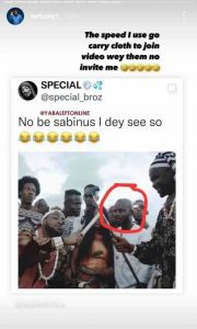 Popular comedian, Chukwuemeka Emmanuel Ejekwu aka Sabinus has broken his silence after he was spotted in an old music video with Davido.  The photo was initially shared by a Twitter user identified as @special_broz.  Reacting to the photo that has now gone viral, Mr Funny as he is also called laughed over the picture.  He went on to recall how swift he was to pick up his cloth in a bid to feature in the video even though he was not invited.  He wrote:  “The speed I use go carry cloth to join video wey them no invite me 🤣🤣🤣🤣🤣”  See the post below: