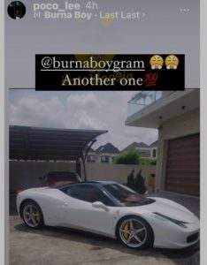 First – Burna Boy decided to indulge himself following all his hard work amidst performing around the world and what better way to do that than buy a luxury car. The Grammy award winning singer bought him self a second Ferrari, 4 months after crashing his first one in Lekki. Though he didn’t announce his new purchase on social media, friends and colleagues celebrated it on his behalf with dancer, Poco Lee posting a photo of the silver wonder on wheels on his Instagram page as he hailed Burna Boy.