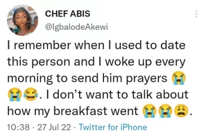 A lady has taken to social media to reveal how her boyfriend of two years dumped her despite the efforts she made for him. According to the heartbroken lady identified as Igbalode on Twitter, she had been dutifully waking up every single morning to send prayers to her boyfriend. She however didn’t know that he was being unfaithful to her; he had been going out with a lady he claims to be his bestie. Not until after their secret affair had gone on for two years did she realize that she wasn’t even his main girlfriend. She her Twitter post below: