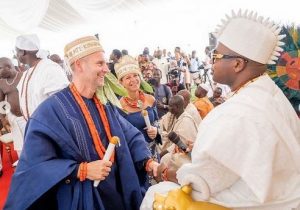 A German national, Oliver Cohnen and his wife Christiane Cohnen have been decorated with a chieftaincy title by Oba Saheed Elegushi of Ikate Kingdom in Lagos. They were decorated with the titles of Aare Bobaseye and Yeye Bobaseye of Ikate Kingdom. Mr Cohnen, according to an Instagram post by the monarch on Thursday, is the general manager of HFP. Ooni of Ife Oba Adeyeye Ogunwusi was present at the occasion.