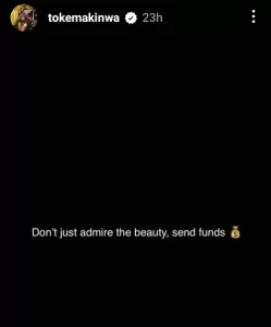Media personality, Toke Makinwa, shared stunning photos of herself on Instagram and wrote on her story, “Don’t just admire the beauty, send funds”.