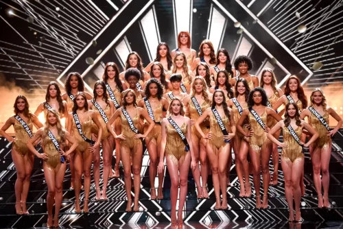 Contestants for Miss France 2024 pose on stage during the beauty pageant in Dijon, central-eastern France, on December 16, 2023.