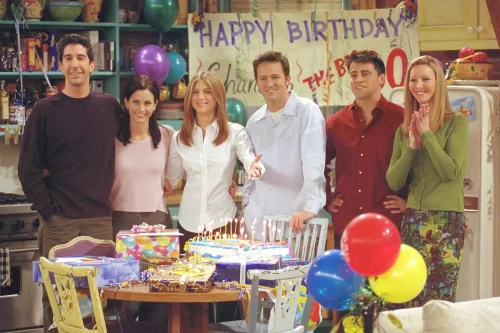 The Friends cast on set of episode "The One Where They All Turn Thirthy.". WARNER BROS. TELEVISION