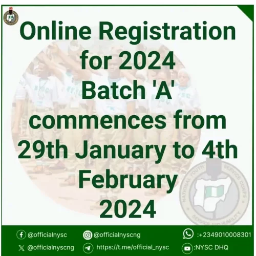 All prospective corps should be informed that the National Youth Services Corps (NYSC) has officially announced the commencement of online registration for Batch A 2024 Stream I on the 29th of January 2024 to February 2nd.